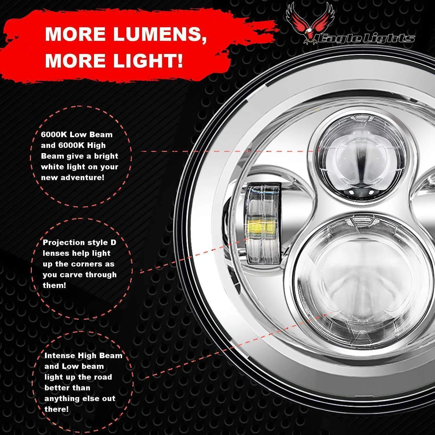 Eagle Lights 7" LED Headlight and 4.5" LED Passing Light Kit for Harley Davidson and Indian Motorcycles - Generation I / Chrome
