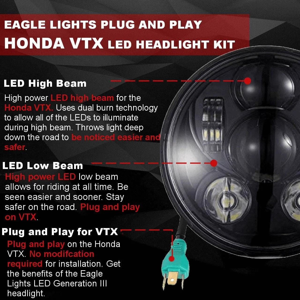 Eagle Lights Generation III LED Headlight For Honda VTX 1300 and 1800 - Includes VTX Bracket and Hardware