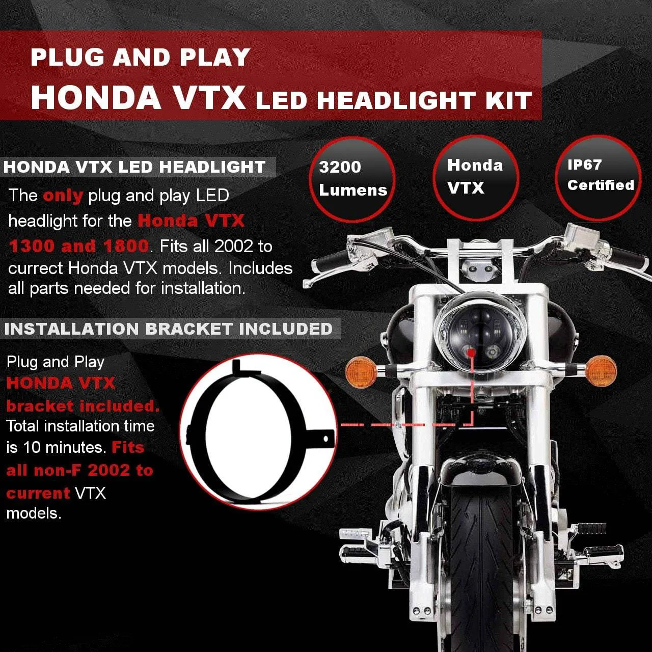 Eagle Lights Generation III LED Headlight For Honda VTX 1300 and 1800 - Includes VTX Bracket and Hardware