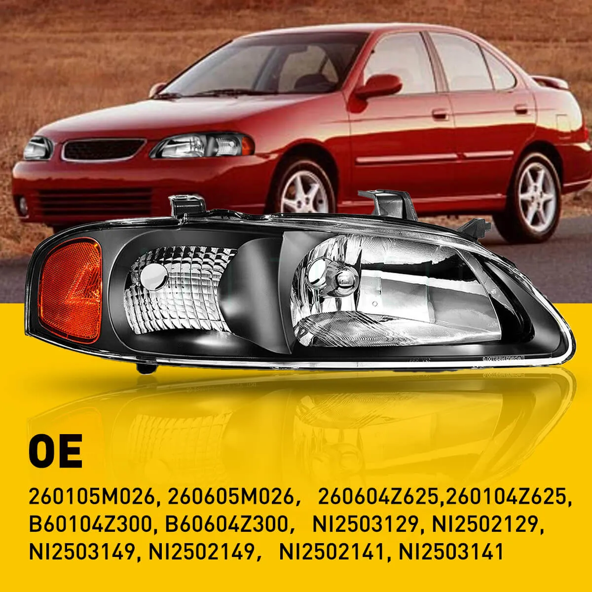 Headlight Assembly for 2000-2003 Nissan Sentra Black Housing with Amber Reflector