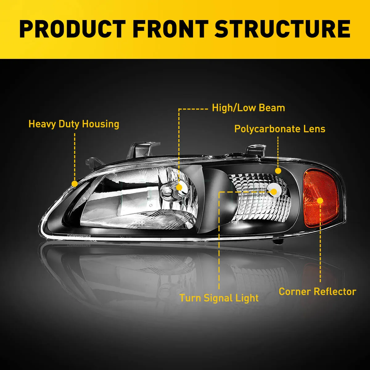 Headlight Assembly for 2000-2003 Nissan Sentra Black Housing with Amber Reflector
