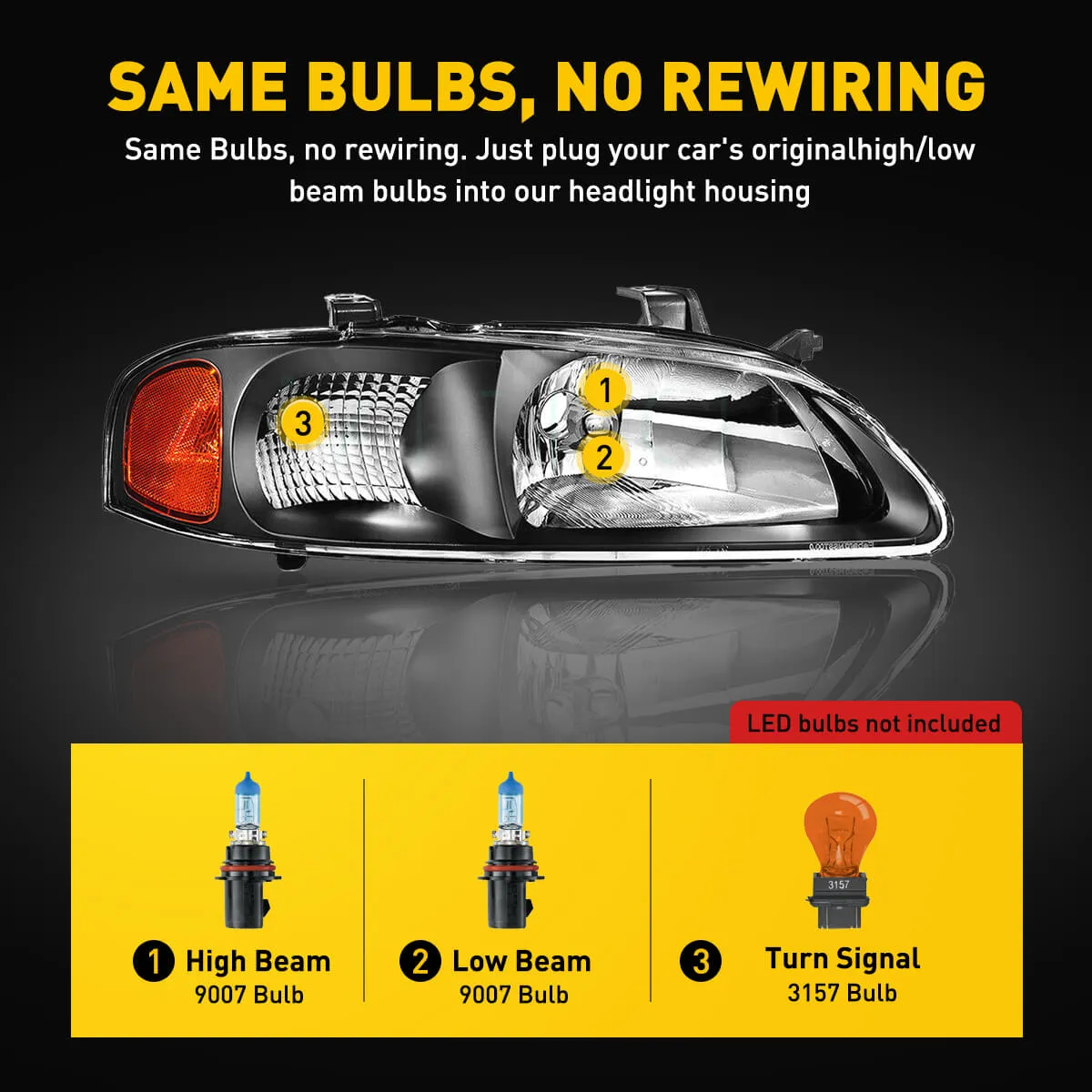 Headlight Assembly for 2000-2003 Nissan Sentra Black Housing with Amber Reflector