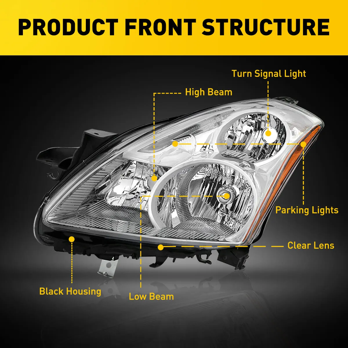 Headlight Assembly For 2010-2012 Nissan Altima 4-Door Sedan Chrome Housing with Amber Reflector