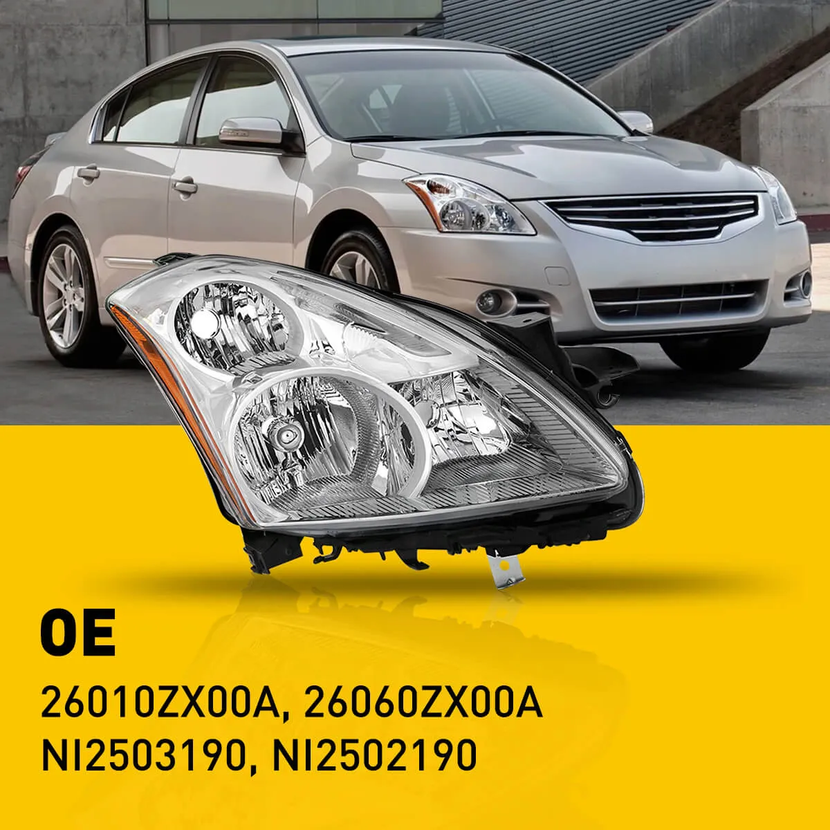 Headlight Assembly For 2010-2012 Nissan Altima 4-Door Sedan Chrome Housing with Amber Reflector