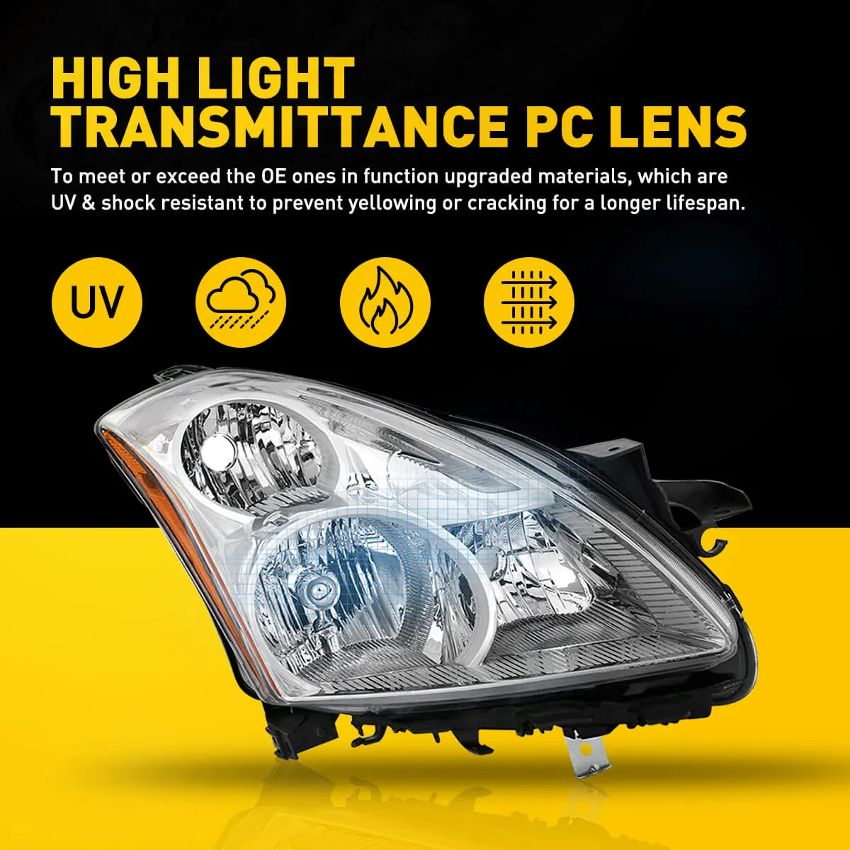 Headlight Assembly For 2010-2012 Nissan Altima 4-Door Sedan Chrome Housing with Amber Reflector