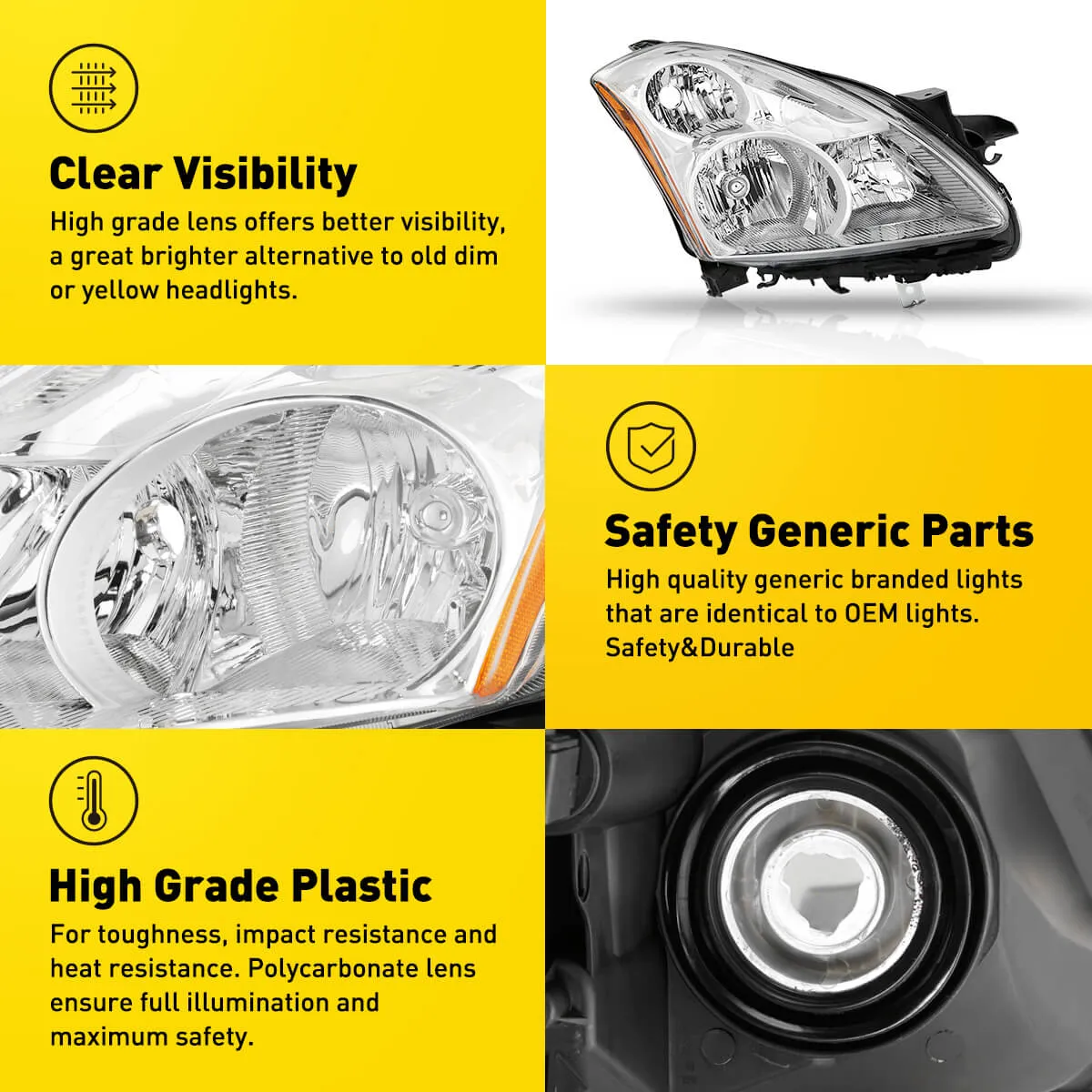 Headlight Assembly For 2010-2012 Nissan Altima 4-Door Sedan Chrome Housing with Amber Reflector