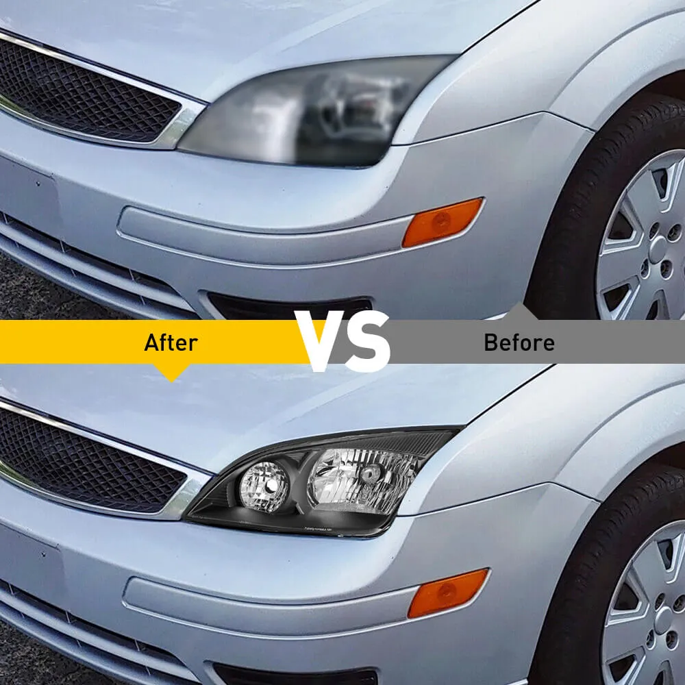 Headlight Assembly Compatible with 2005-2007 Ford Focus Black Housing White Reflector Pair