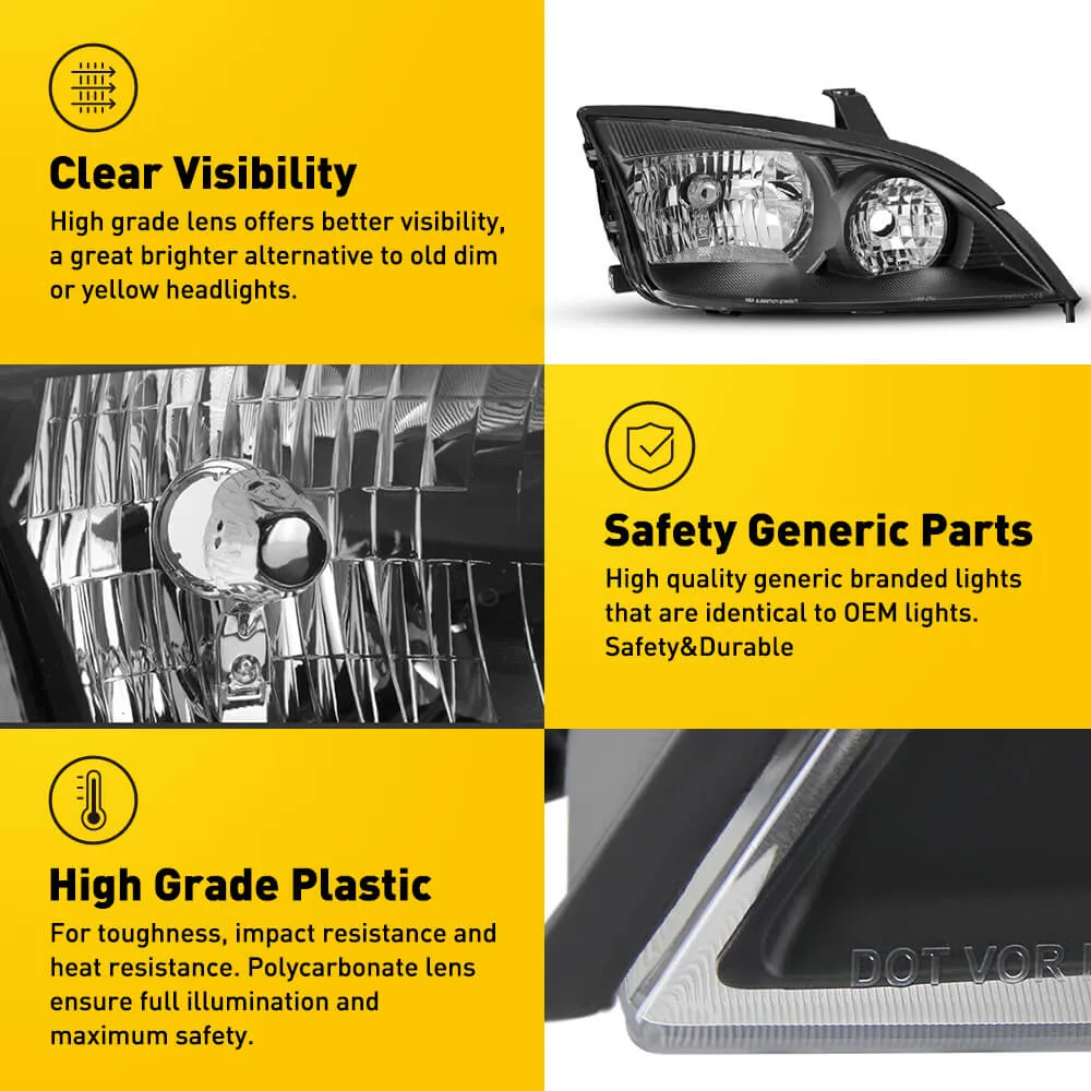 Headlight Assembly Compatible with 2005-2007 Ford Focus Black Housing White Reflector Pair