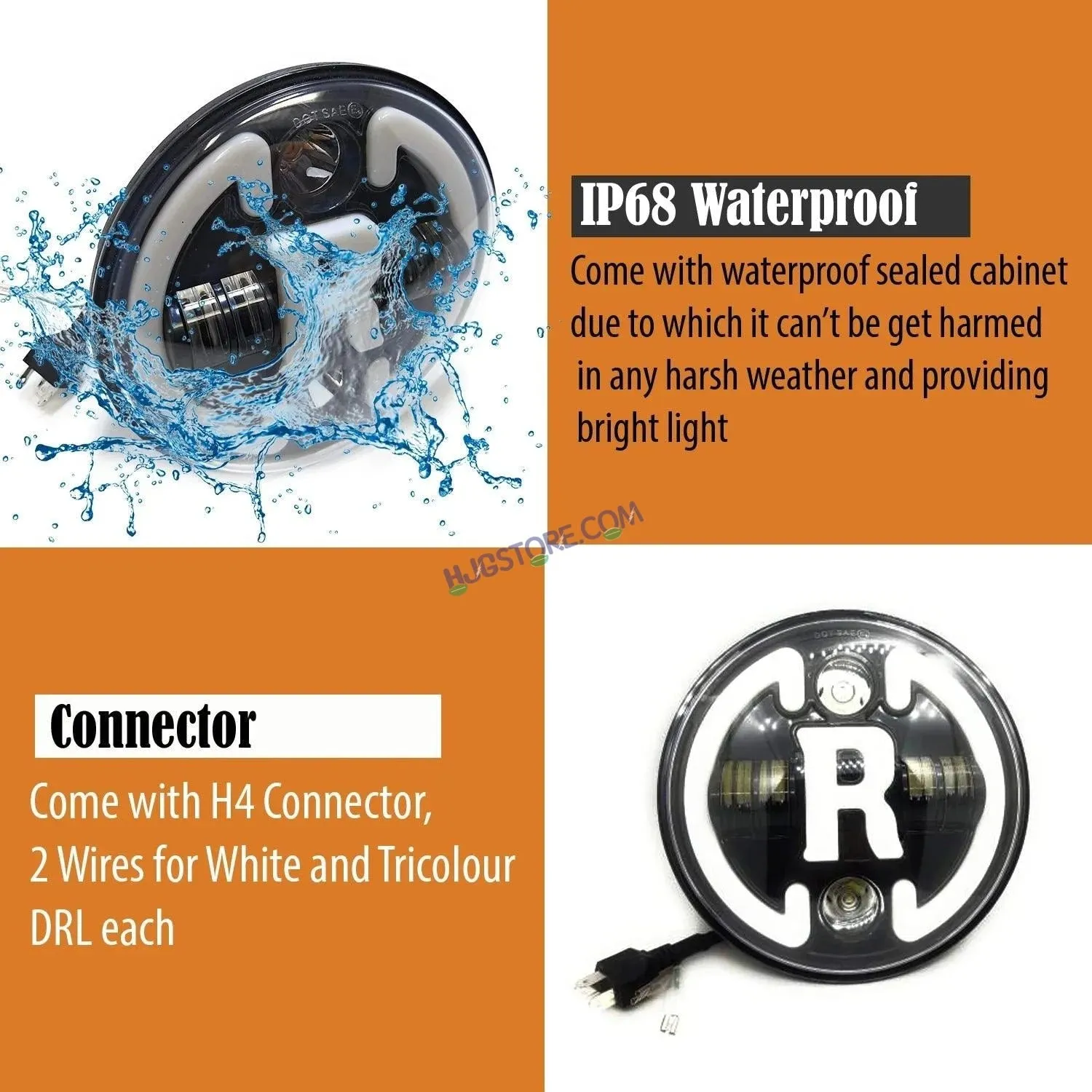 HJG 7 Inch Round Headlight Compatible with Royal Enfield, Jeep Thar & Harley Davidson (R White Harley Headlight)