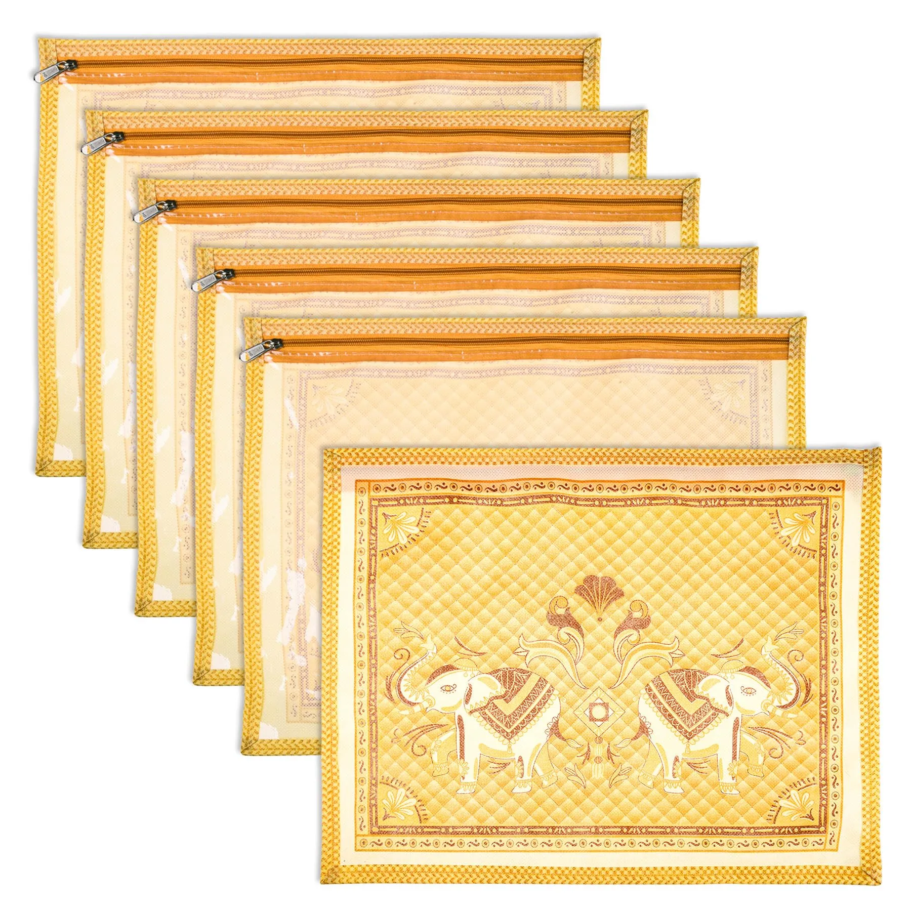 Kuber Industries Saree Cover | Clothes Storage Bag | Single Packing Saree with Zip Closure | Wardrobe Organizer | Cloth Stoarge Organizer | Elephant Design | Pack of 6 | Cream
