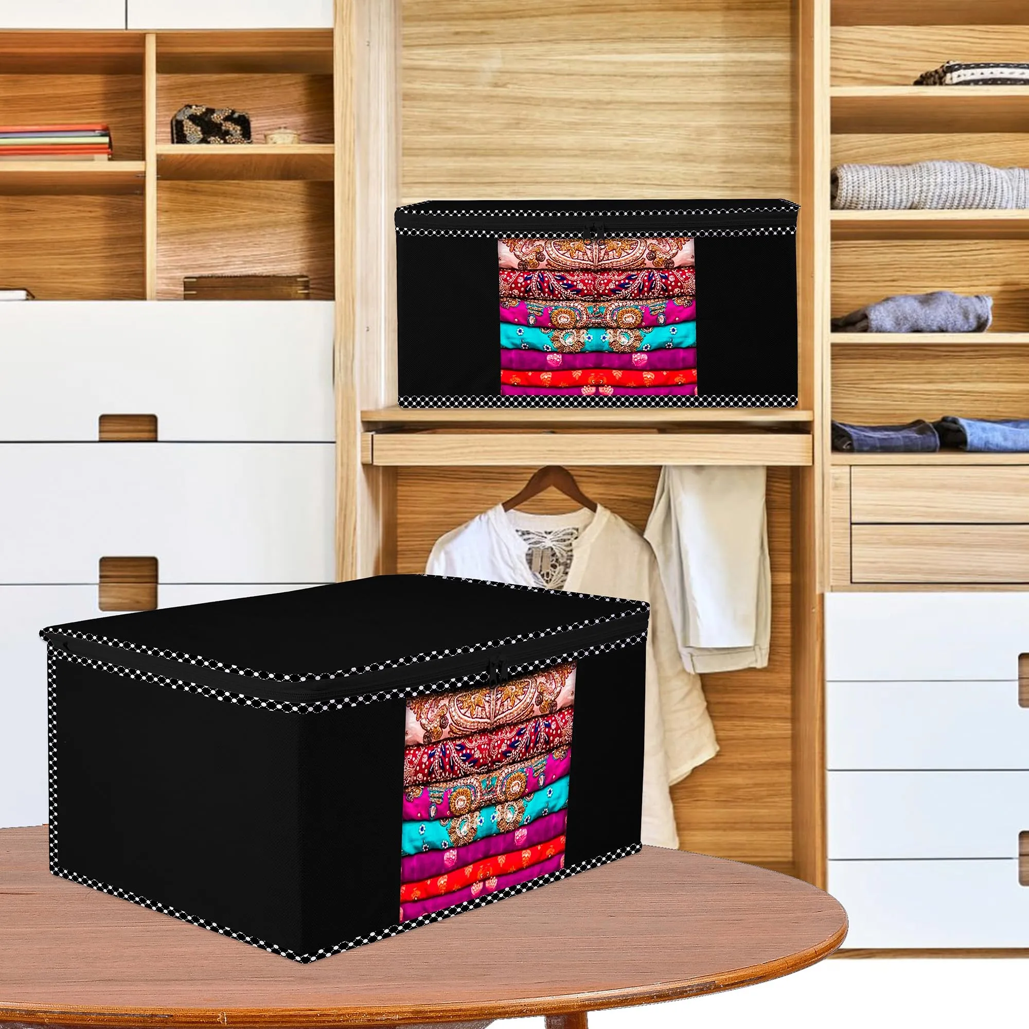 Kuber Industries Saree Cover | Zip Closure Saree Cover | Clothes Storage Bag | Wardrobe Organiser for Suit | Transparent Window Saree Cover | Dot Border-Design | 9 inch | Pack of 3 | Black