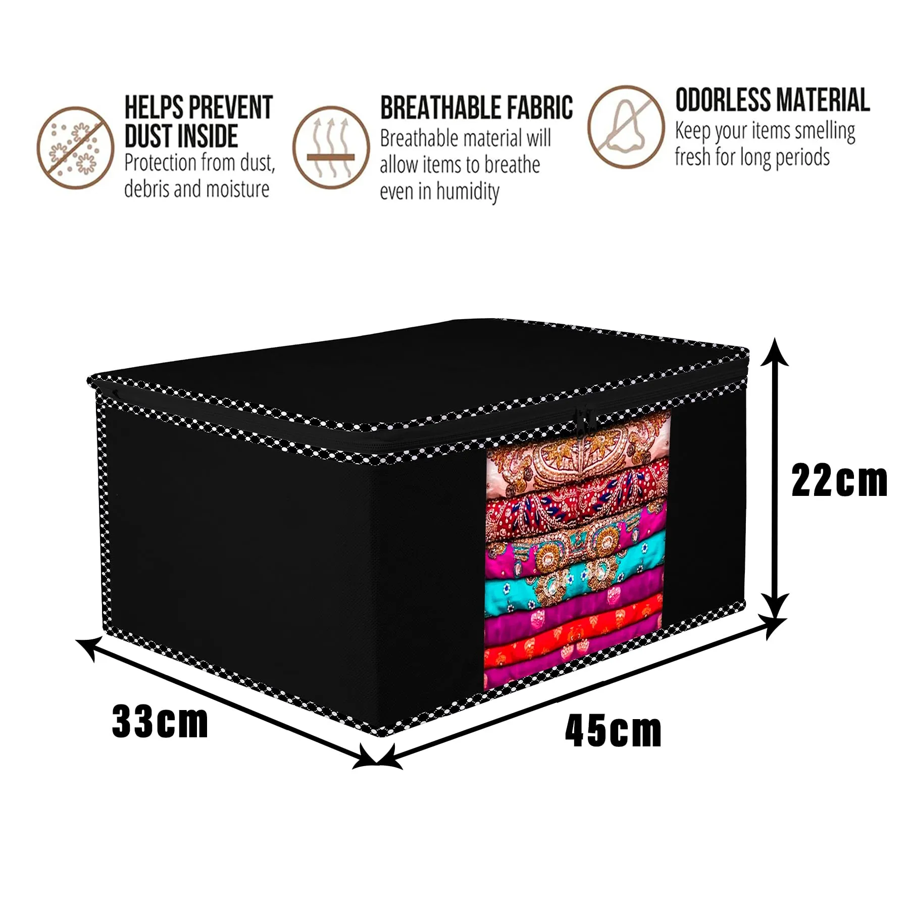 Kuber Industries Saree Cover | Zip Closure Saree Cover | Clothes Storage Bag | Wardrobe Organiser for Suit | Transparent Window Saree Cover | Dot Border-Design | 9 inch | Pack of 3 | Black