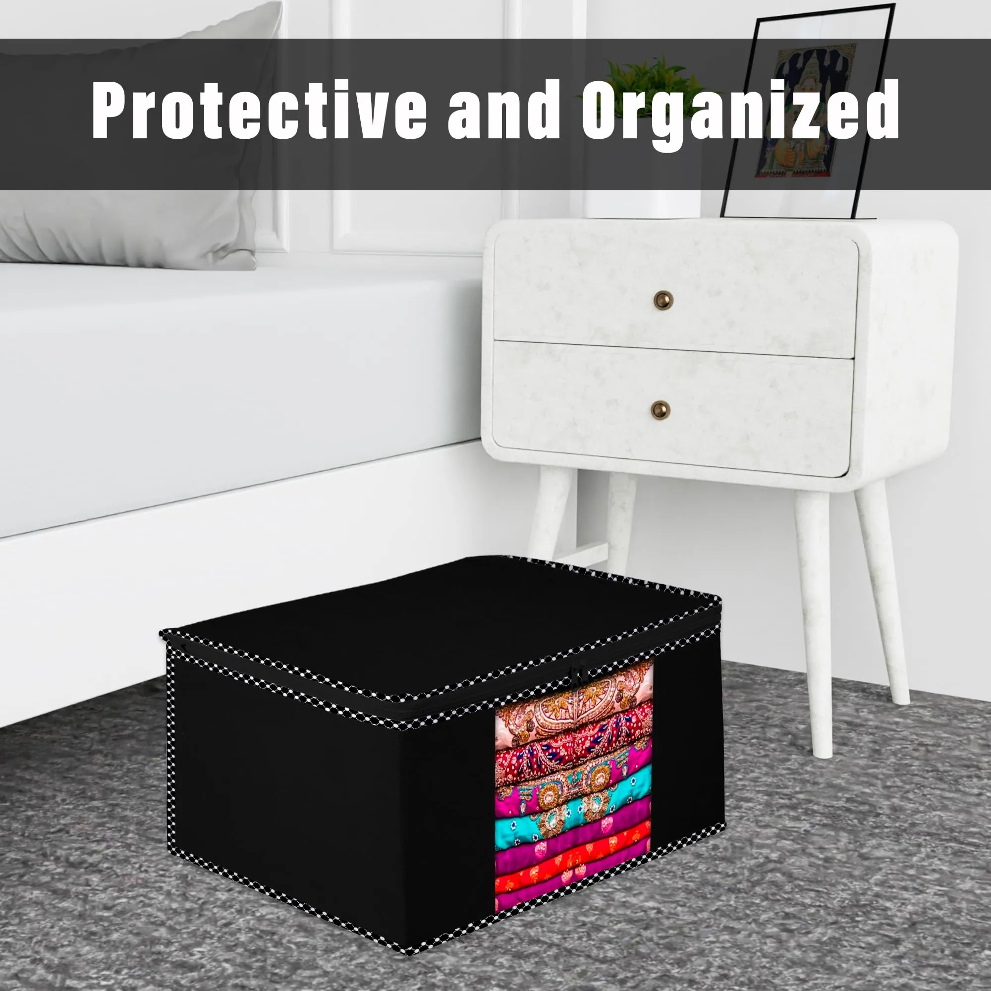 Kuber Industries Saree Cover | Zip Closure Saree Cover | Clothes Storage Bag | Wardrobe Organiser for Suit | Transparent Window Saree Cover | Dot Border-Design | 9 inch | Pack of 3 | Black