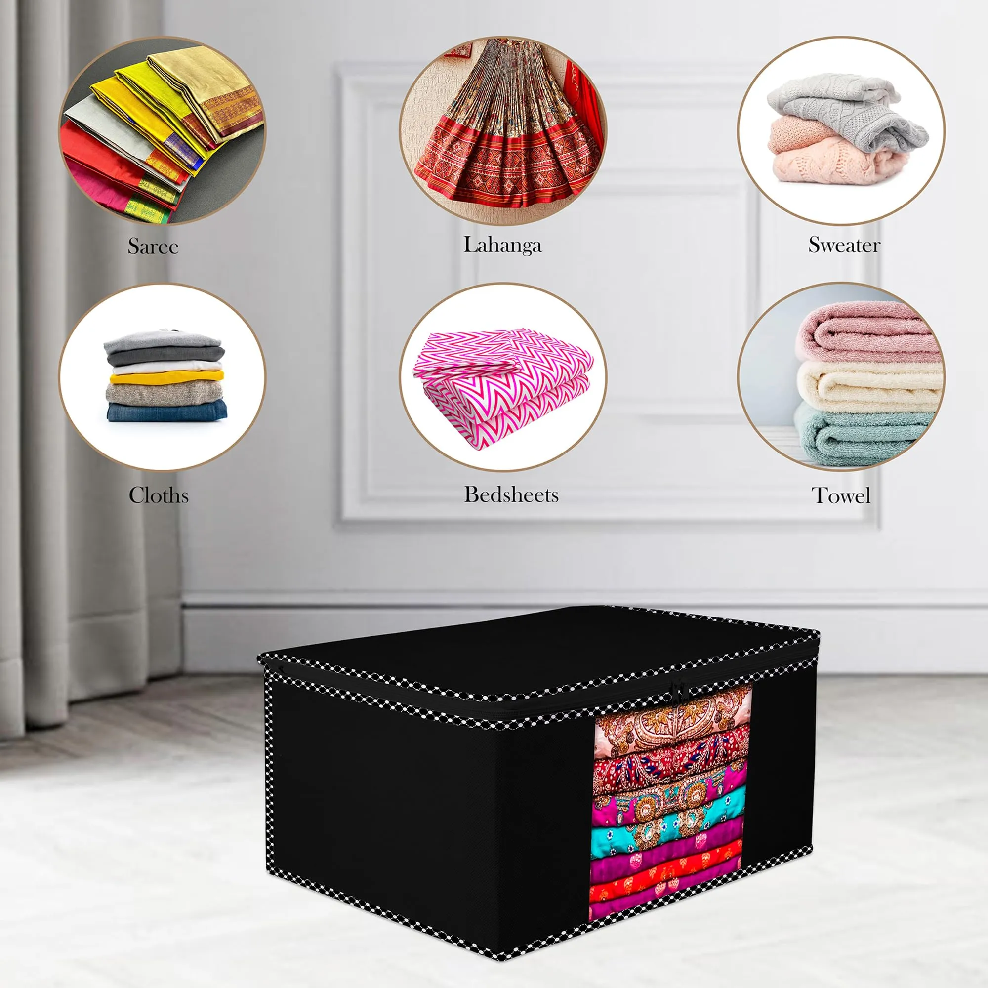 Kuber Industries Saree Cover | Zip Closure Saree Cover | Clothes Storage Bag | Wardrobe Organiser for Suit | Transparent Window Saree Cover | Dot Border-Design | 9 inch | Pack of 3 | Black
