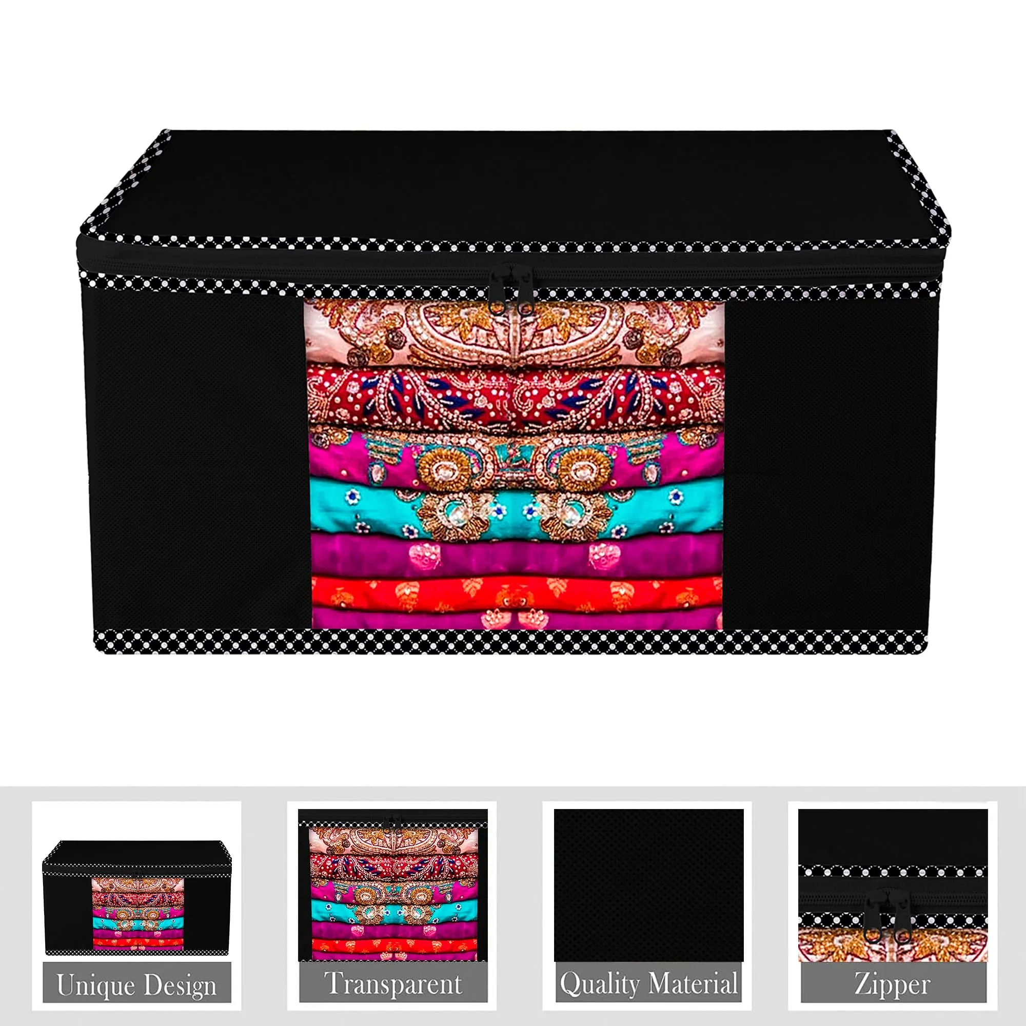 Kuber Industries Saree Cover | Zip Closure Saree Cover | Clothes Storage Bag | Wardrobe Organiser for Suit | Transparent Window Saree Cover | Dot Border-Design | 9 inch | Pack of 3 | Black