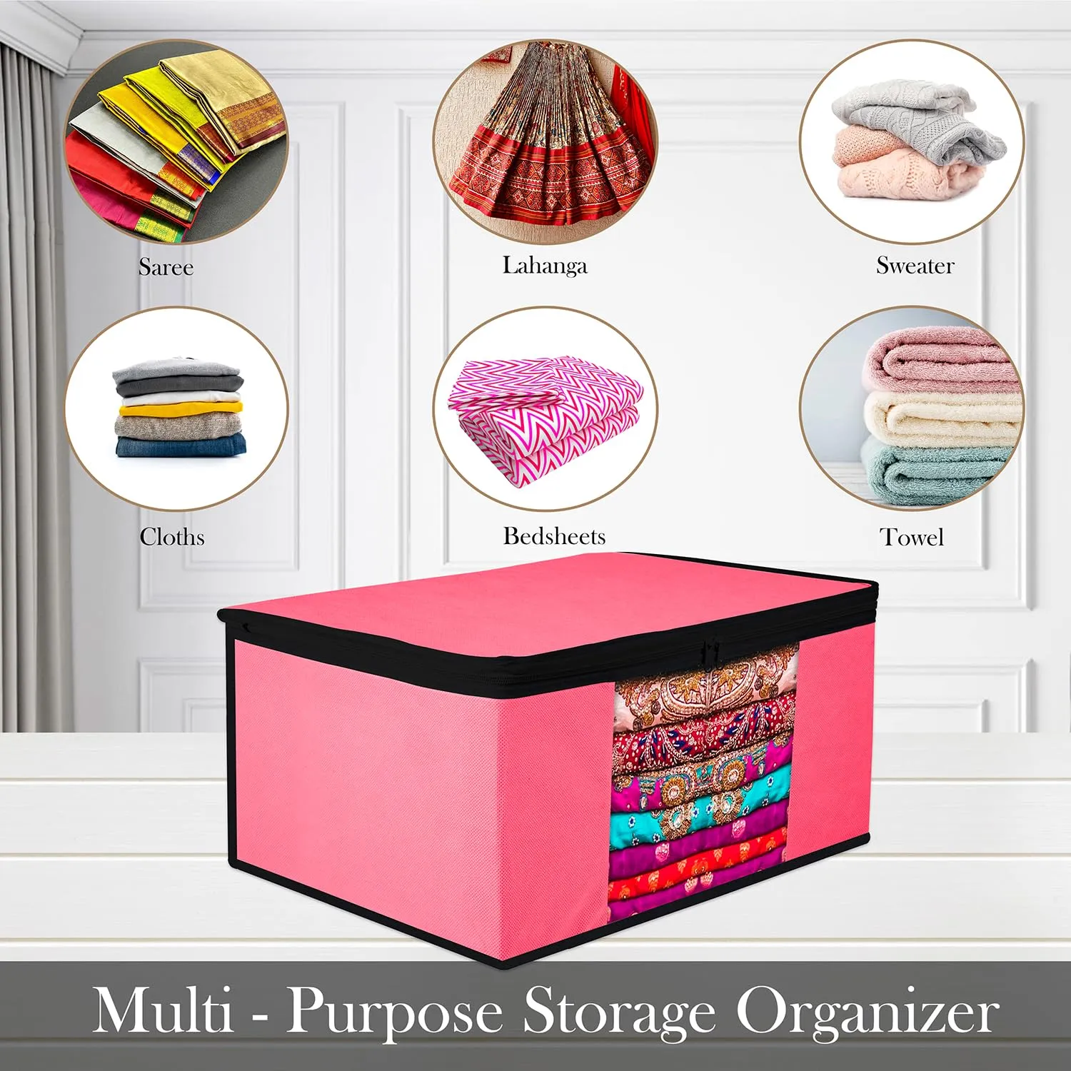 Kuber Industries Saree Cover | Zip Closure Saree Cover | Clothes Storage Bag | Wardrobe Organiser for Suit | Transparent Window Saree Cover | Plain-Black Border | 9 inch | Pack of 3 | Pink