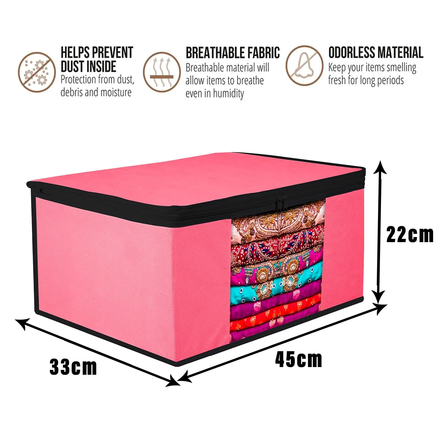 Kuber Industries Saree Cover | Zip Closure Saree Cover | Clothes Storage Bag | Wardrobe Organiser for Suit | Transparent Window Saree Cover | Plain-Black Border | 9 inch | Pack of 3 | Pink