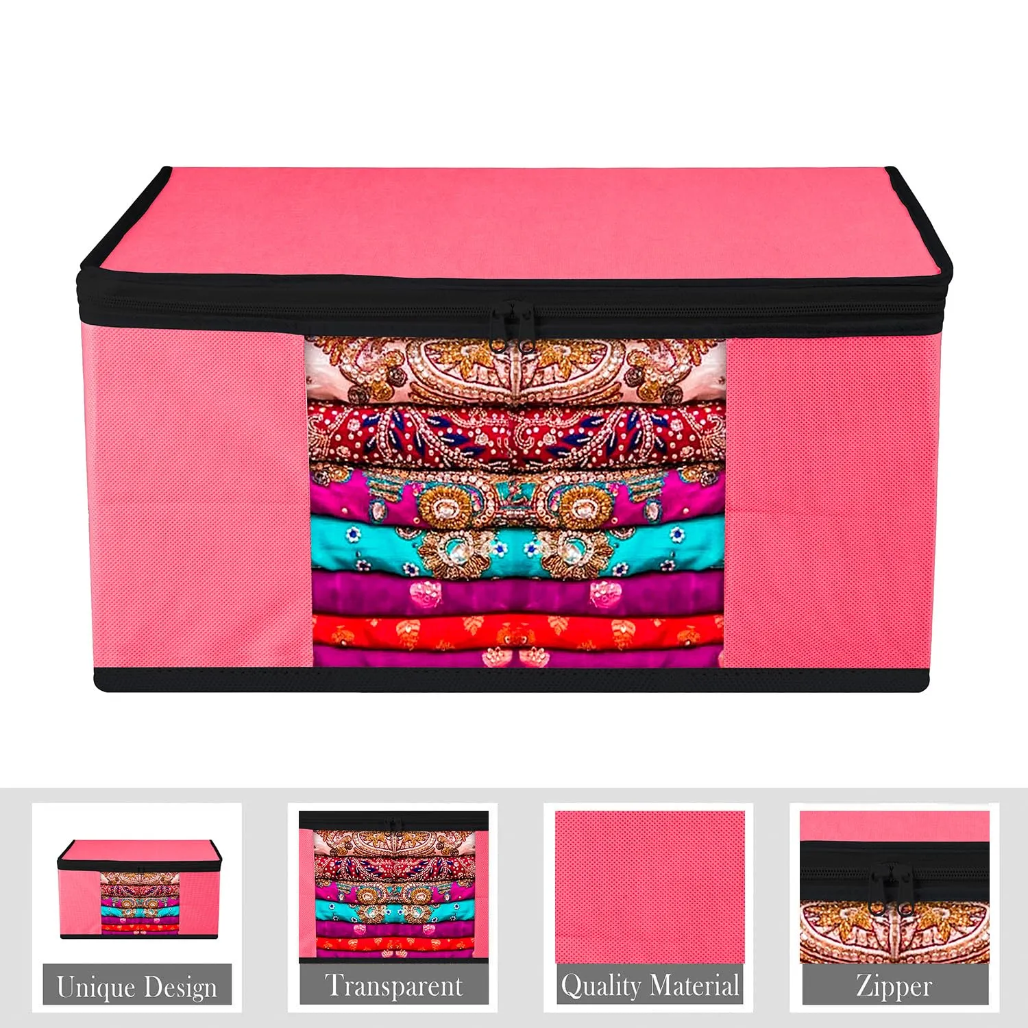 Kuber Industries Saree Cover | Zip Closure Saree Cover | Clothes Storage Bag | Wardrobe Organiser for Suit | Transparent Window Saree Cover | Plain-Black Border | 9 inch | Pack of 3 | Pink
