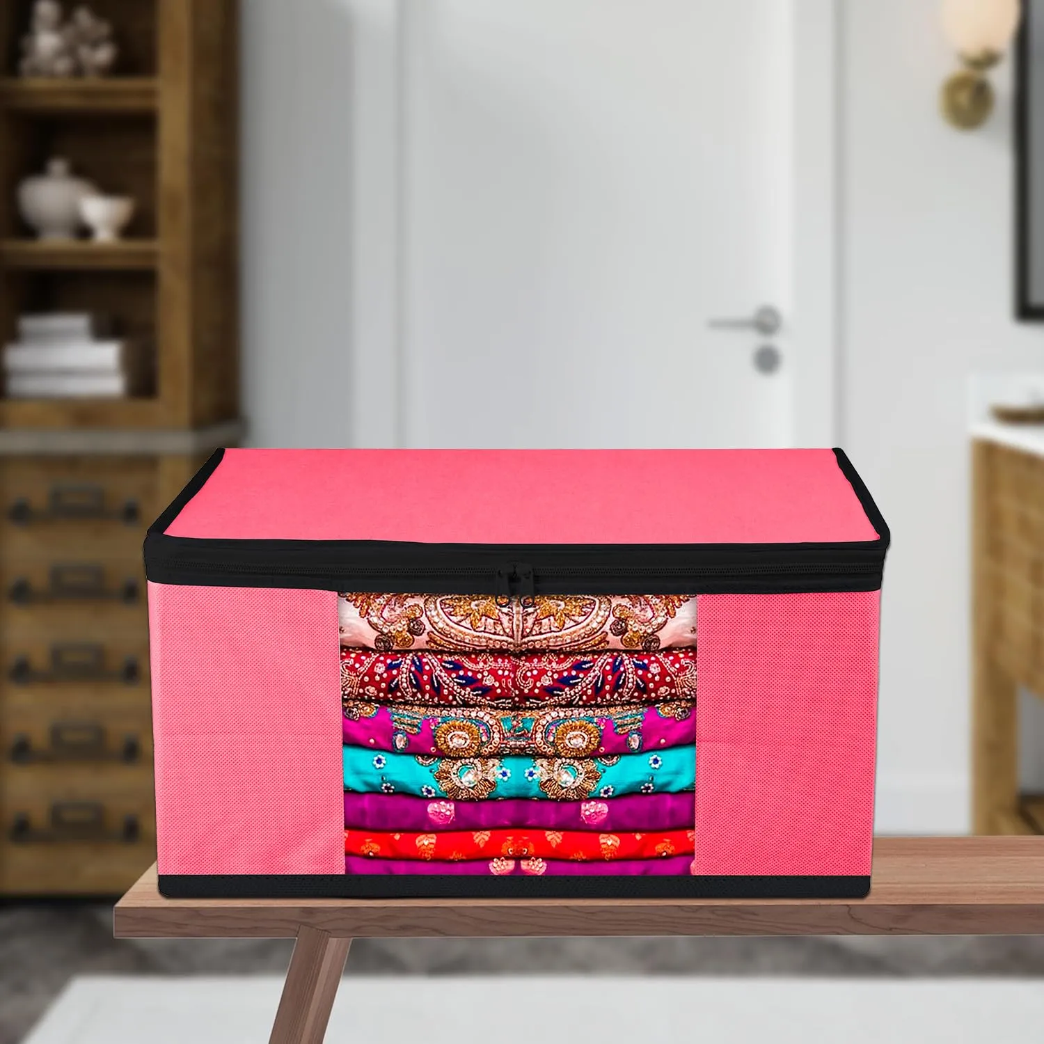 Kuber Industries Saree Cover | Zip Closure Saree Cover | Clothes Storage Bag | Wardrobe Organiser for Suit | Transparent Window Saree Cover | Plain-Black Border | 9 inch | Pack of 3 | Pink
