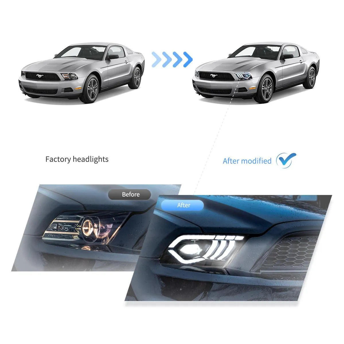LED Headlight Assembly Dual Beam Projector Black For 2010-2014 Ford Mustang 5th Gen Facelifted