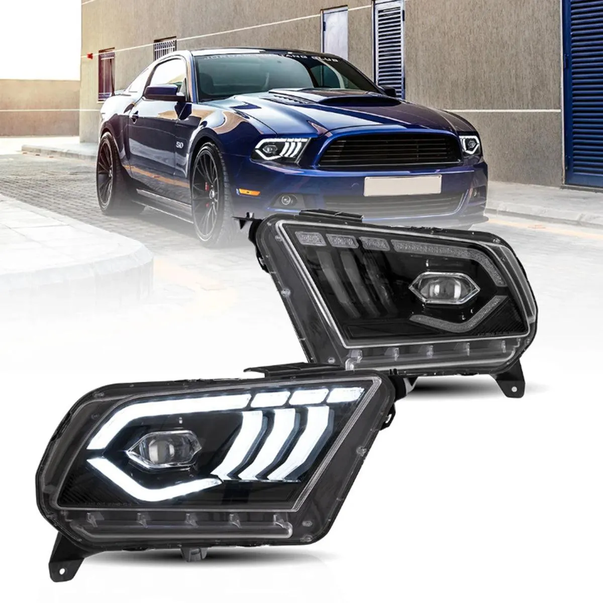 LED Headlight Assembly Dual Beam Projector Black For 2010-2014 Ford Mustang 5th Gen Facelifted
