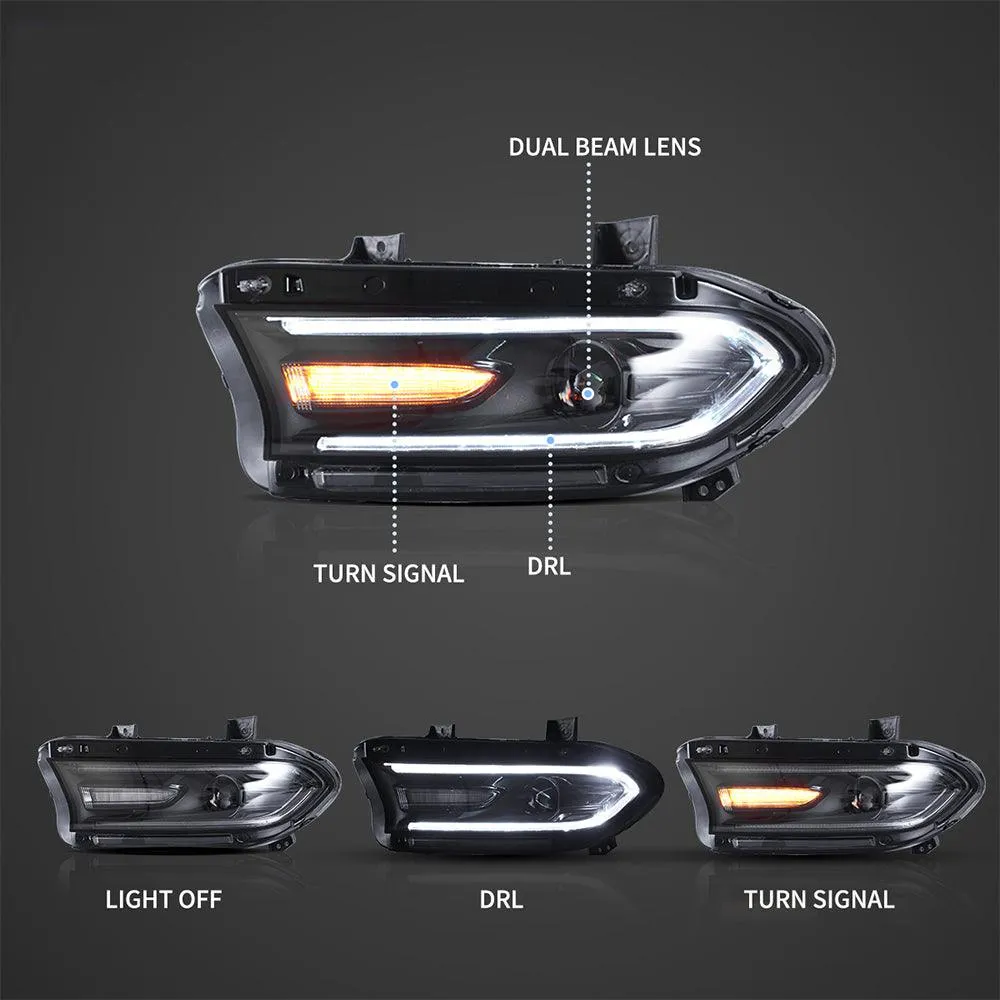 LED Headlight Assembly Dual Beam Projector Black For 2015-2023 Dodge Charger 7th Gen(LD)