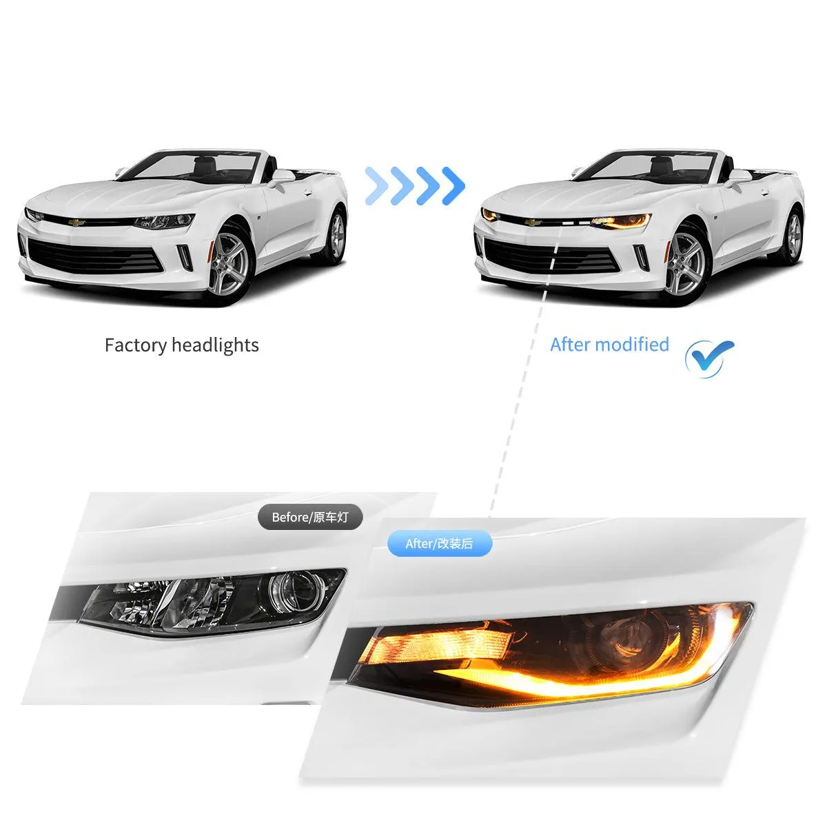 LED Headlight Assembly Dual Beam Projector Black For 2016-2022 Chevrolet Camaro 6th Gen