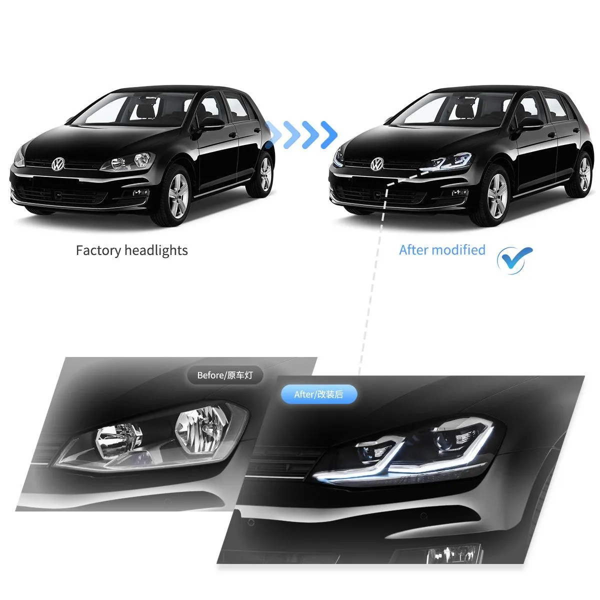 LED Headlight Assembly Projector Black For 2012-2017 Volkswagen Golf 7th Gen (Mk7, Typ 5G)