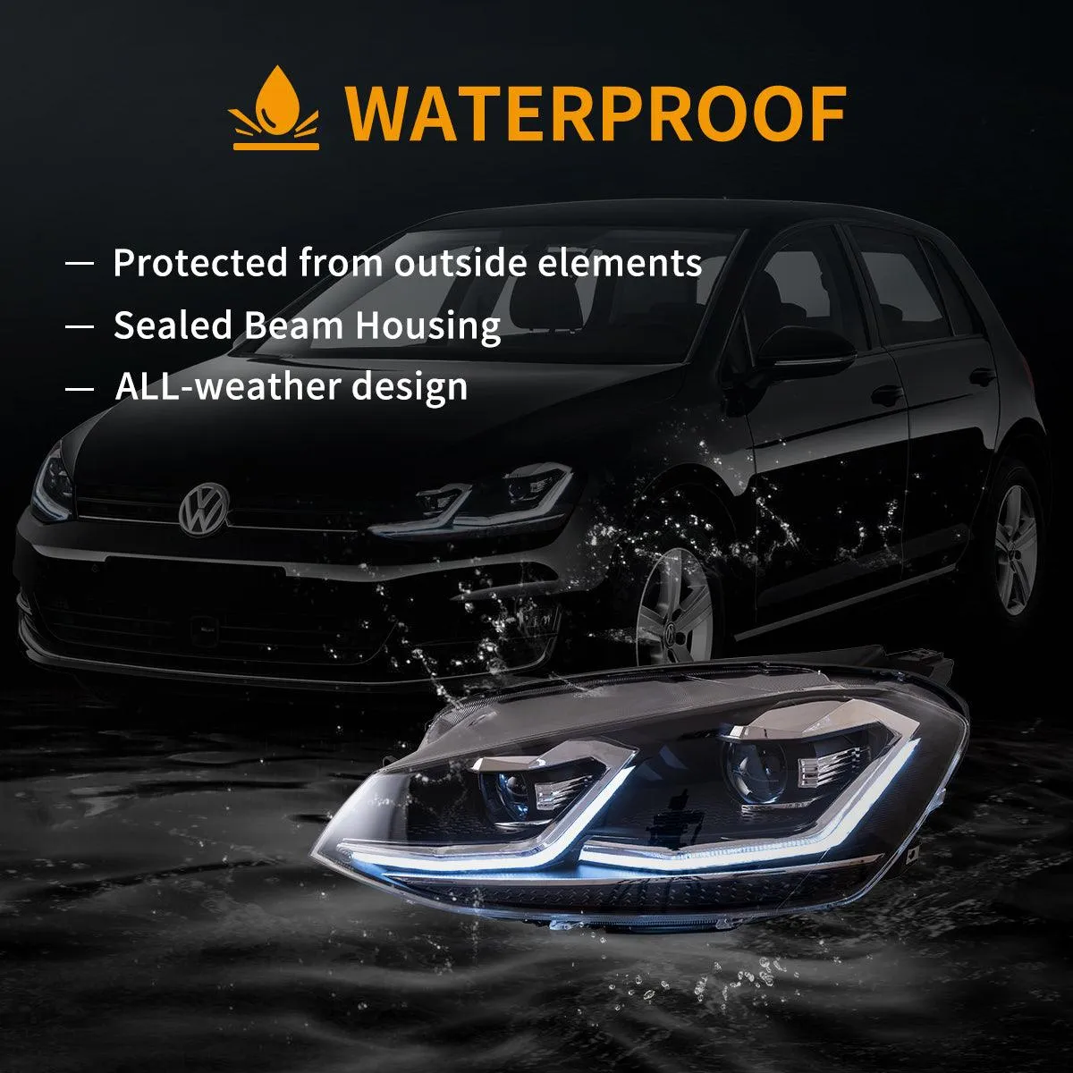 LED Headlight Assembly Projector Black For 2012-2017 Volkswagen Golf 7th Gen (Mk7, Typ 5G)