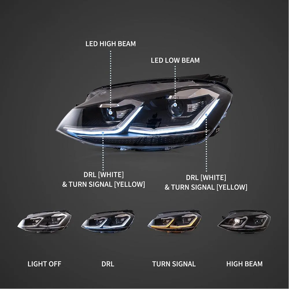 LED Headlight Assembly Projector Black For 2012-2017 Volkswagen Golf 7th Gen (Mk7, Typ 5G)