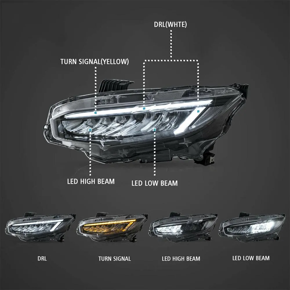 LED Headlight Assembly Reflection Bowl Chrome For 2016-2021 Honda Civic 10th Gen