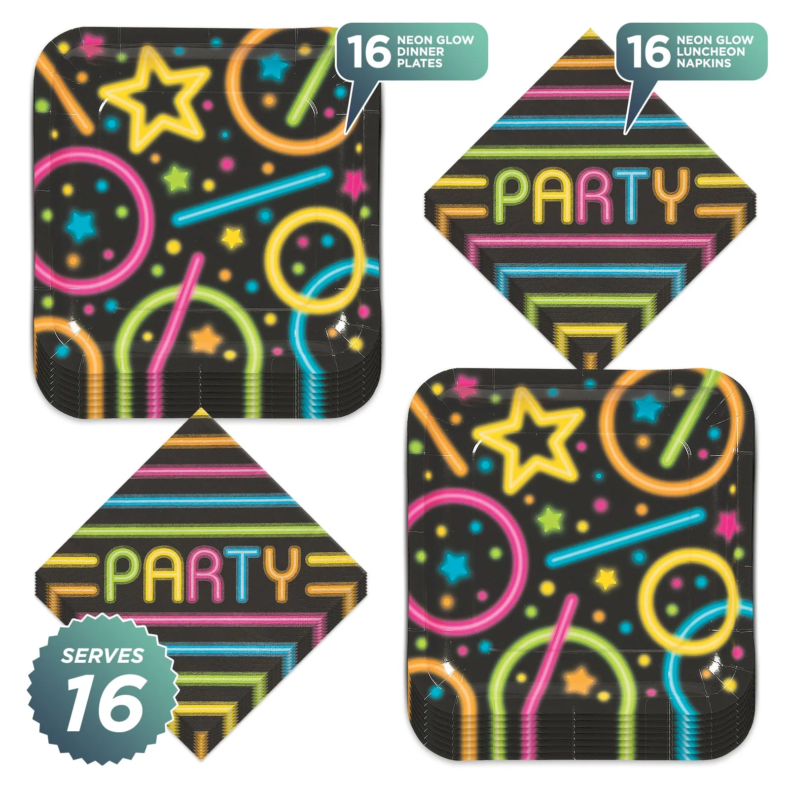 Neon Glow Party Paper Dinner Plates and Lunch Napkins (Serves 16)