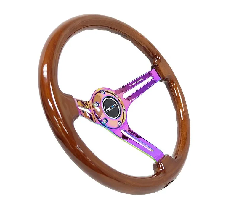 NRG Reinforced Classic Wood Grain Wheel, 350mm, 3 spoke Slotted Center Neochrome with Brown Painted Wood - RST-018BR-MC