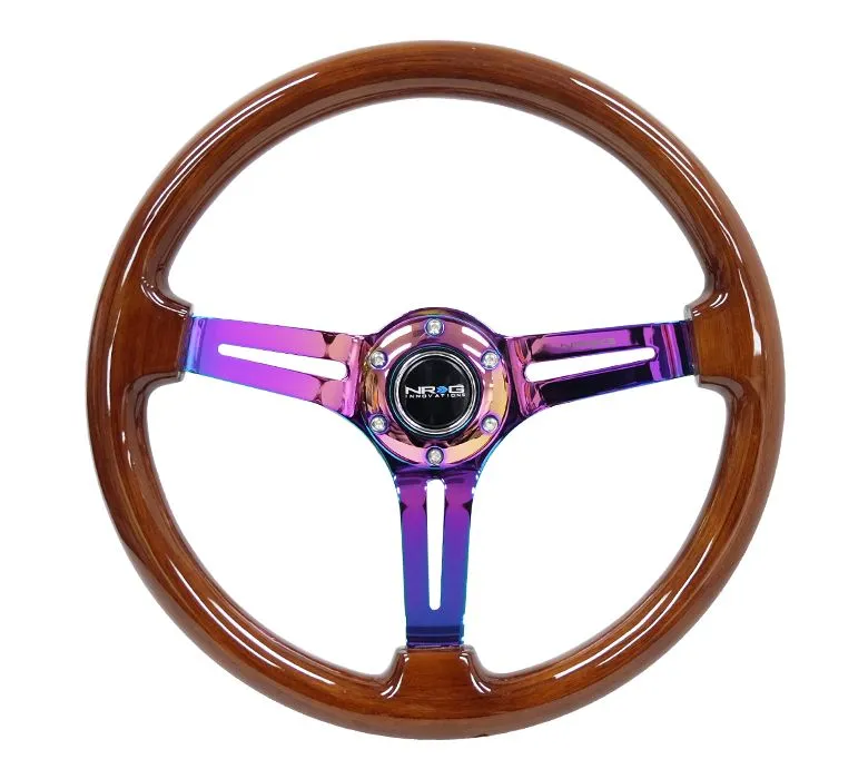 NRG Reinforced Classic Wood Grain Wheel, 350mm, 3 spoke Slotted Center Neochrome with Brown Painted Wood - RST-018BR-MC