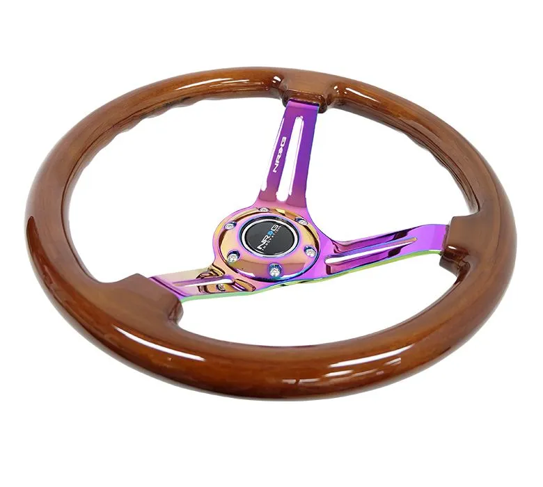 NRG Reinforced Classic Wood Grain Wheel, 350mm, 3 spoke Slotted Center Neochrome with Brown Painted Wood - RST-018BR-MC