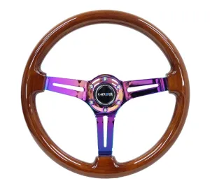 NRG Reinforced Classic Wood Grain Wheel, 350mm, 3 spoke Slotted Center Neochrome with Brown Painted Wood - RST-018BR-MC