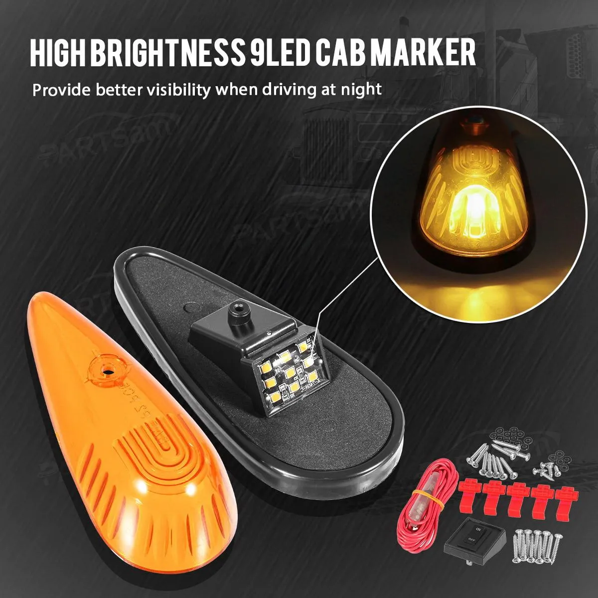 Partsam Amber Teardrop Cab Light 9LED Cab Marker Light 5pcs Front Rear Top Clearance Roof Running Light with Wiring Pack for Trucks, Vans, Pickups, semis and RVs