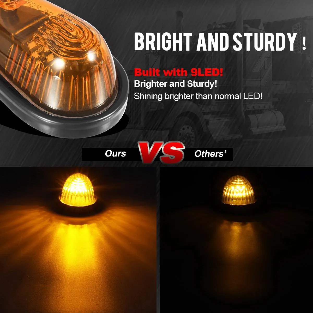 Partsam Amber Teardrop Cab Light 9LED Cab Marker Light 5pcs Front Rear Top Clearance Roof Running Light with Wiring Pack for Trucks, Vans, Pickups, semis and RVs
