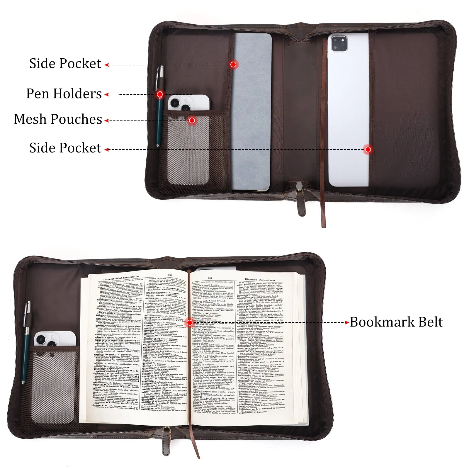 Polare Full Grain Leather Bible Case Book Protective Holder Bible Cover Church Bag Christian Religious Carrying Organizer Portfolio