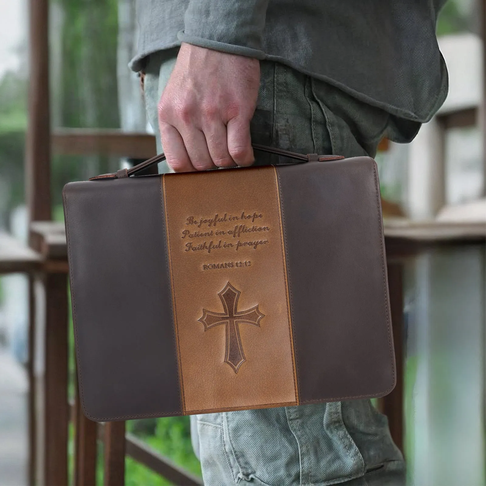 Polare Full Grain Leather Bible Case Book Protective Holder Bible Cover Church Bag Christian Religious Carrying Organizer Portfolio