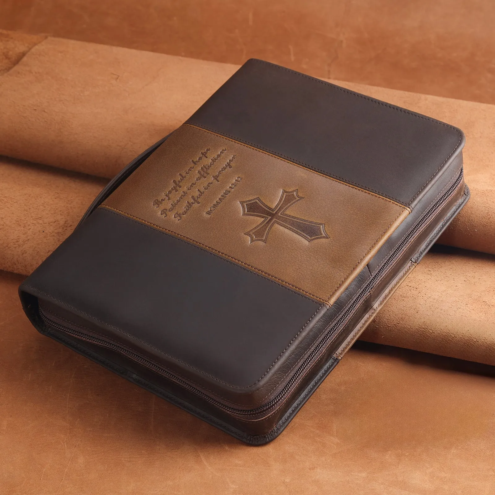 Polare Full Grain Leather Bible Case Book Protective Holder Bible Cover Church Bag Christian Religious Carrying Organizer Portfolio
