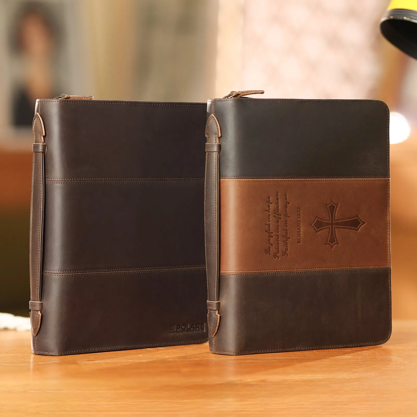 Polare Full Grain Leather Bible Case Book Protective Holder Bible Cover Church Bag Christian Religious Carrying Organizer Portfolio