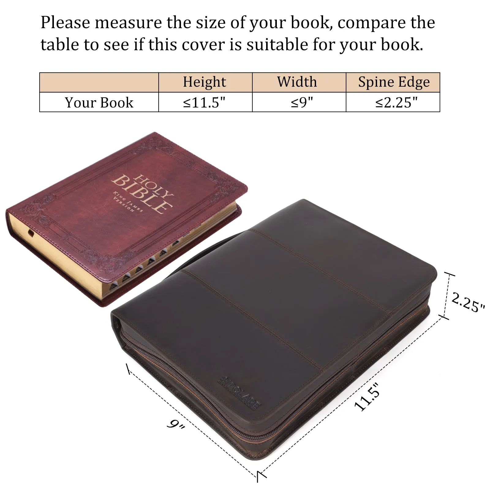 Polare Full Grain Leather Bible Case Book Protective Holder Bible Cover Church Bag Christian Religious Carrying Organizer Portfolio
